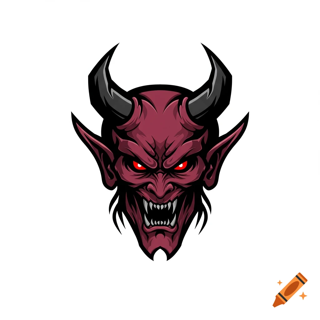 Vector art illustration of a red demon face with horns and fangs.