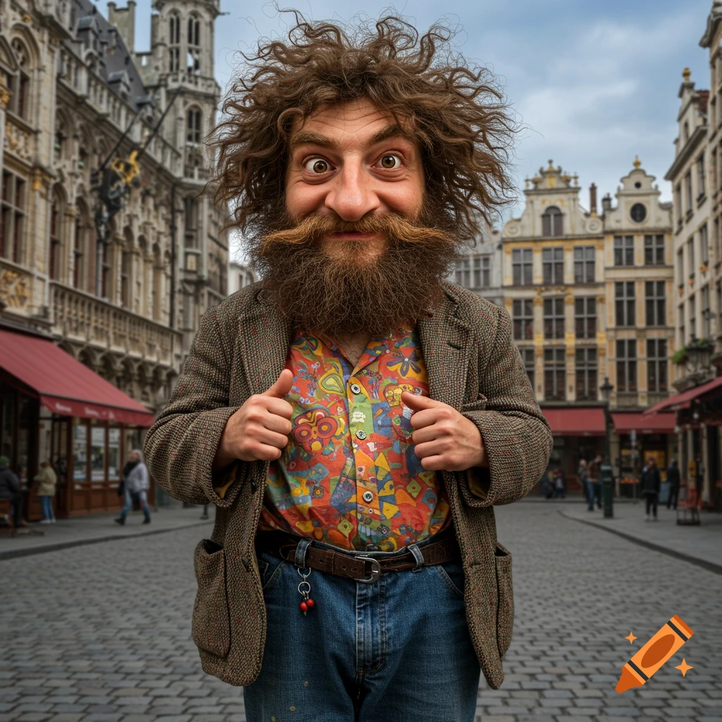 A man with wild hair and beard in a colourful shirt and tweed jacket stands on a cobblestone street, making a funny face.