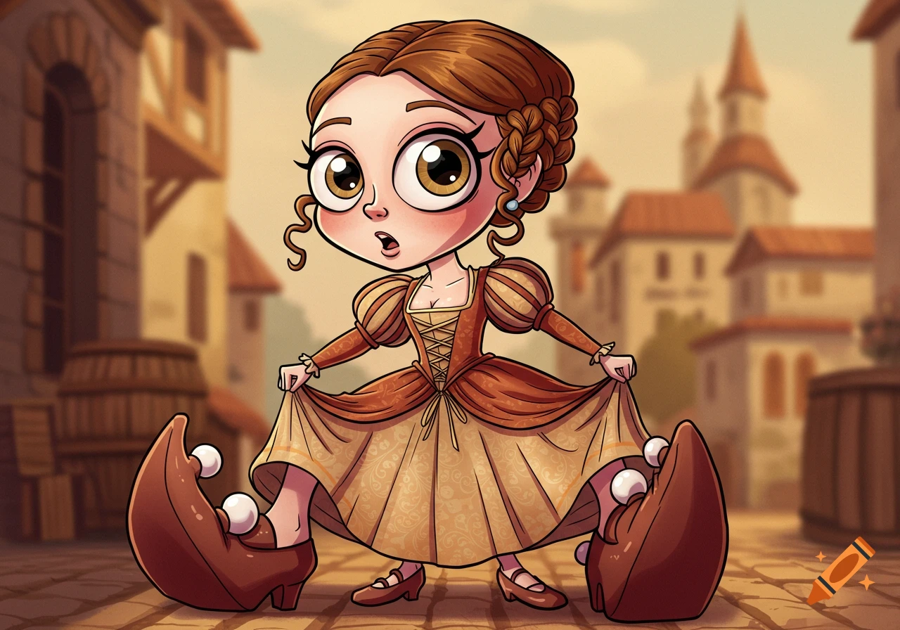 Cartoon girl in a Renaissance dress and oversized shoes in a town square.