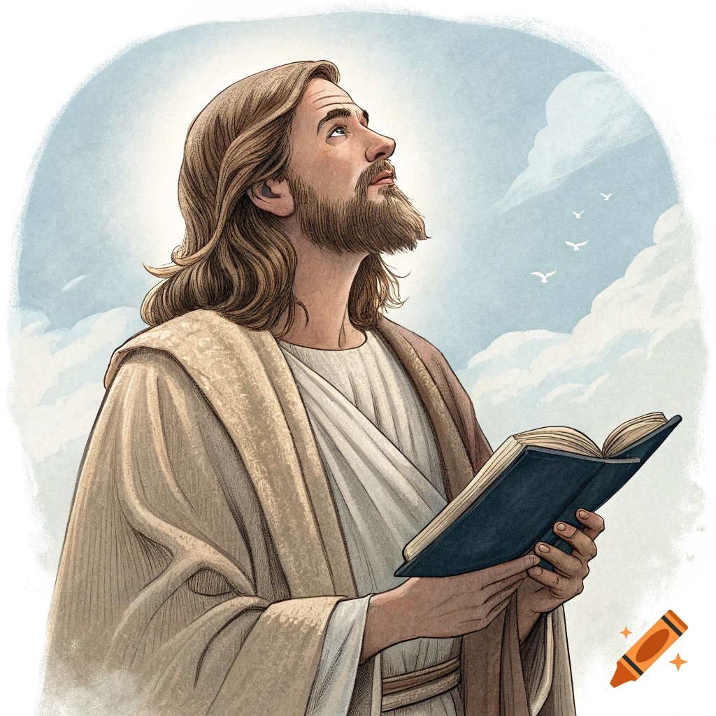 An illustration of Jesus looking upwards while holding an open book, with clouds and birds in the sky.