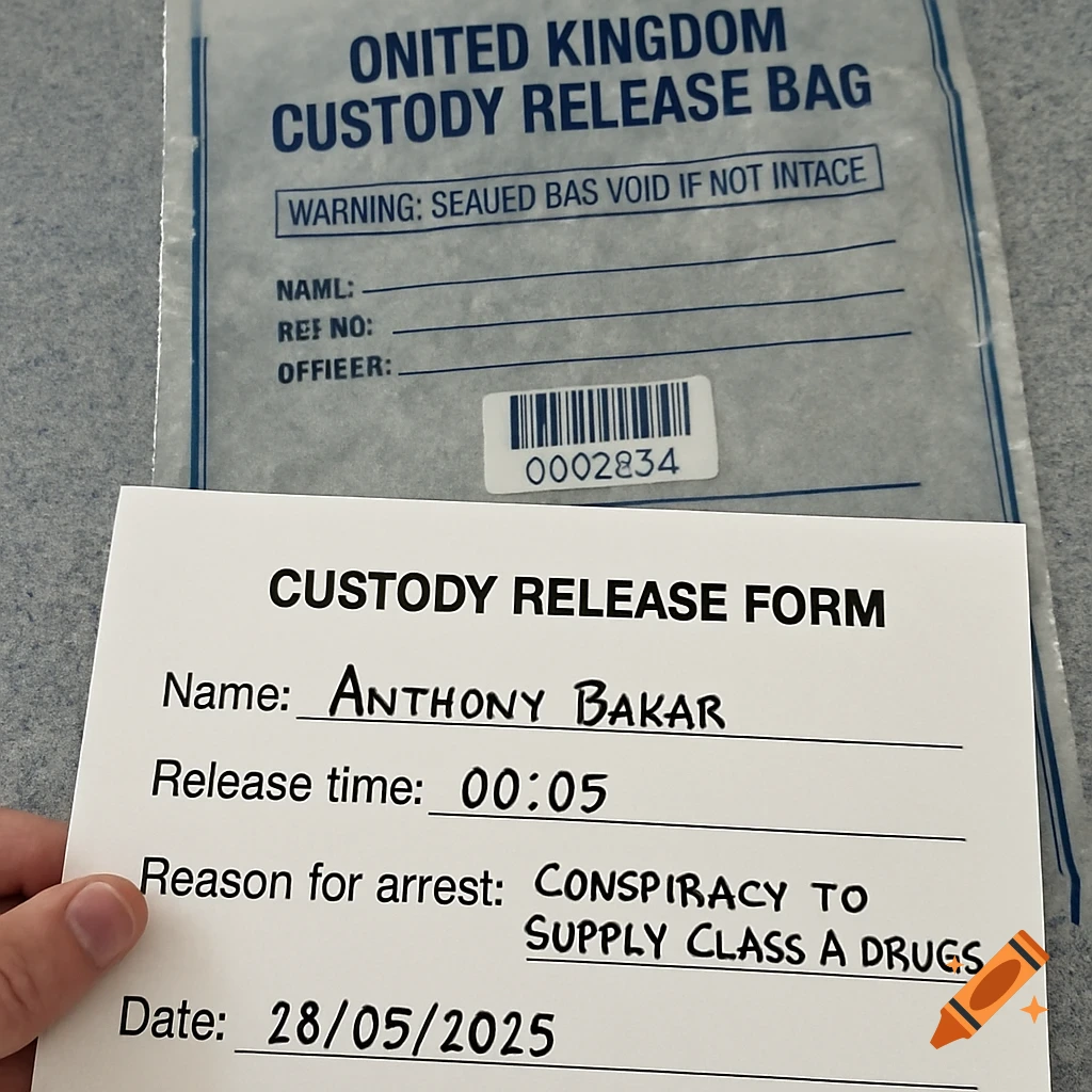 A hand holds a custody release form in front of a UK custody bag. The form shows details like name, release time, reason for arrest, and date.