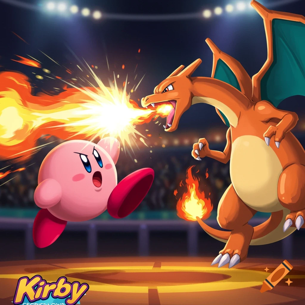 Kirby and Charizard battle in a stadium, Charizard breathing fire. Cartoon style.