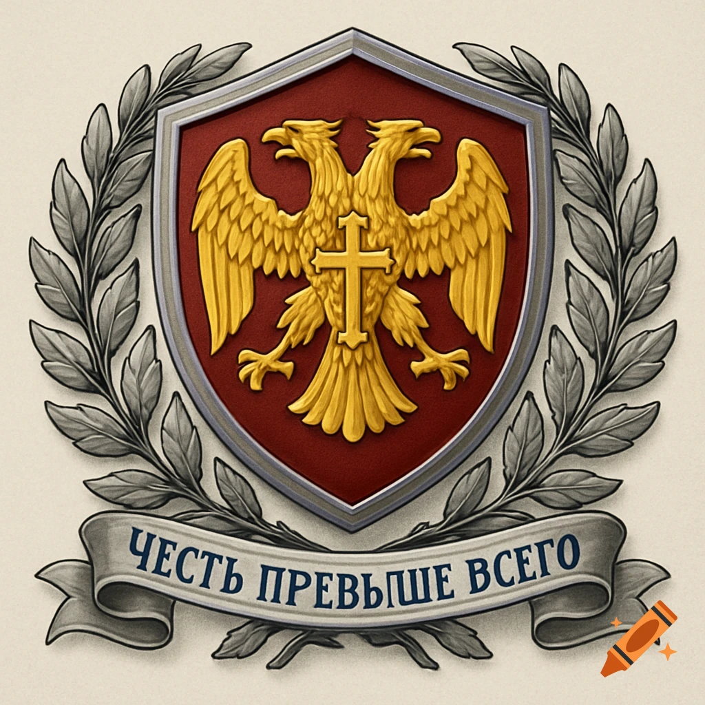 Coat of arms featuring a golden double-headed eagle on a red shield, framed by a silver wreath and banner with Cyrillic text.