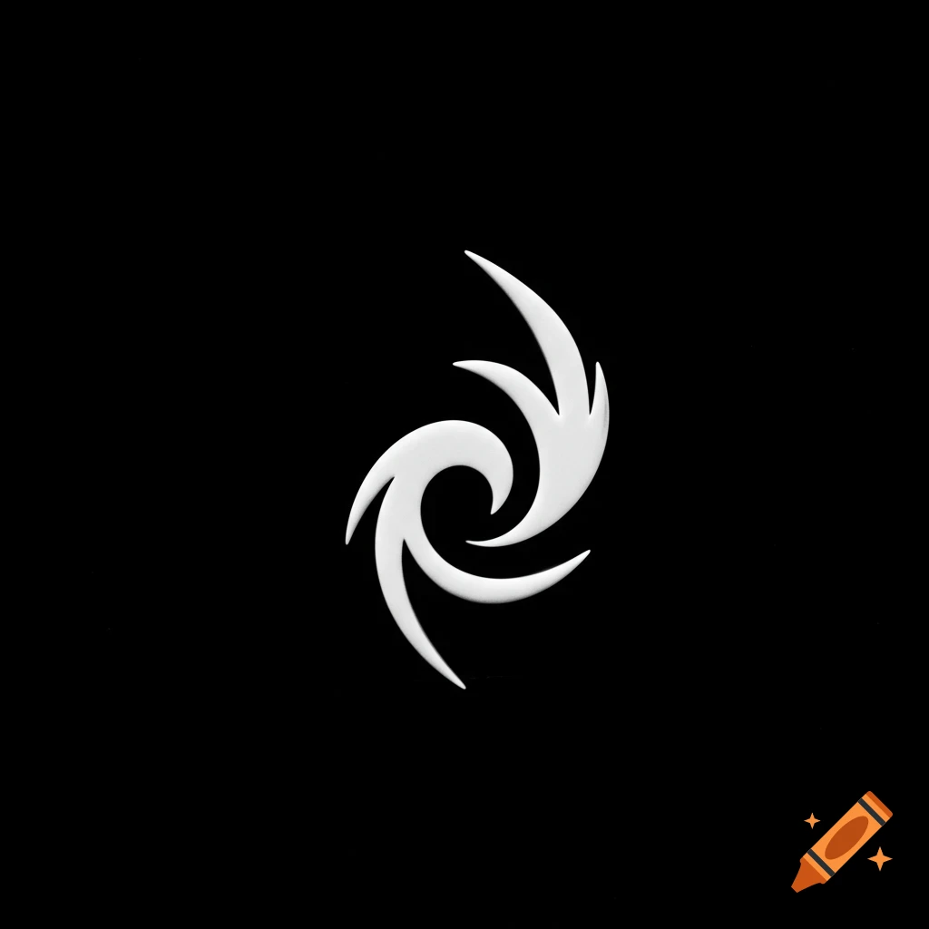 A white abstract symbol resembling a swirling vortex or spiral on a black background.