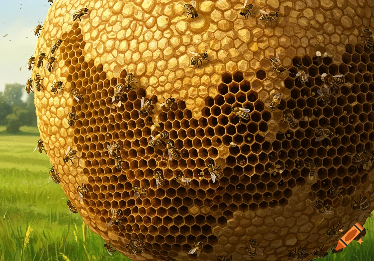 A massive beehive covered in bees in a field.