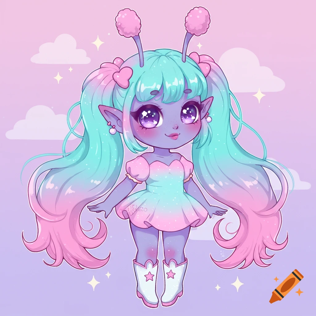 Chibi alien girl with large purple eyes and pastel blue and pink hair wearing a pink dress and white boots against a pastel sky