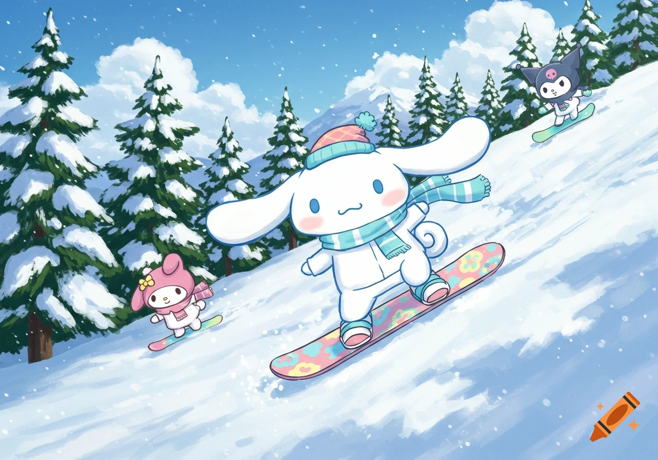 Cinnamoroll, My Melody, and Kuromi snowboarding down a snowy mountain, anime style.