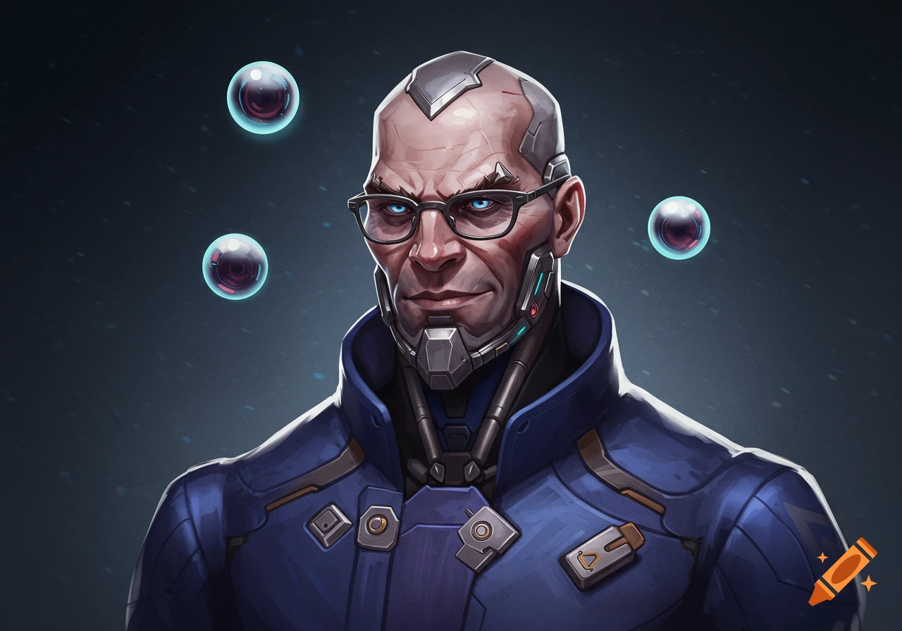 Portrait of a cybernetic man with glasses against a dark background with floating orbs, digital art