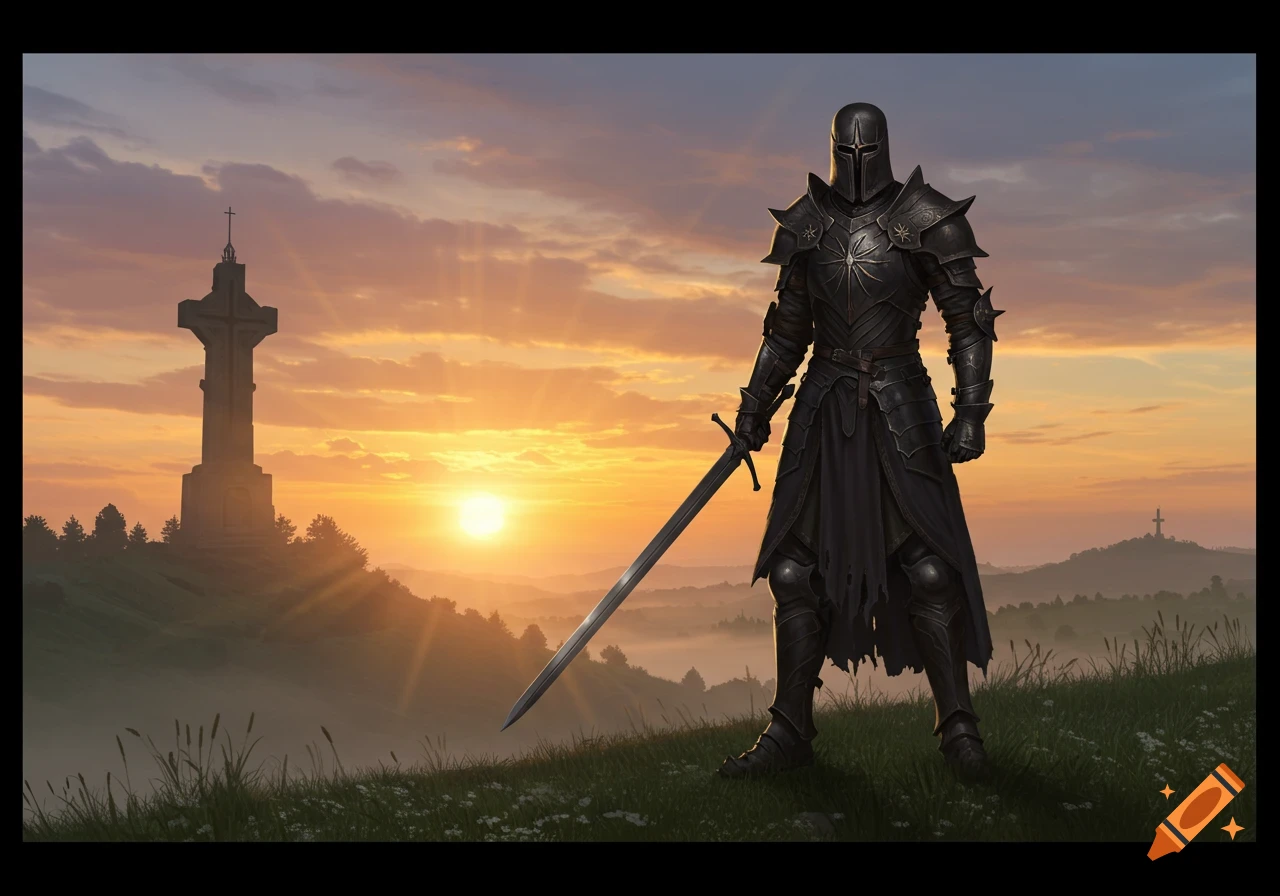 A knight in black armor stands with a sword on a hill overlooking a valley at sunset, with a large cross behind him.