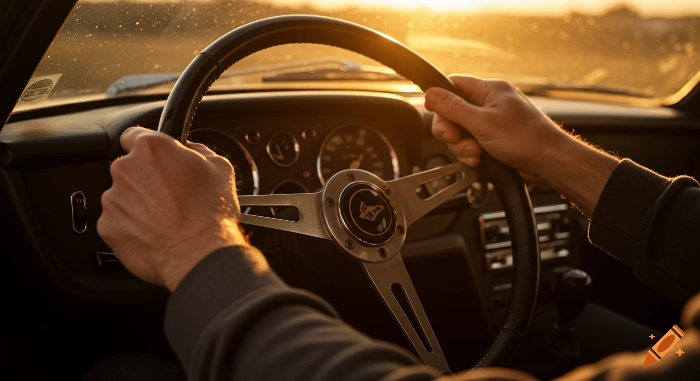Close-up of hands on a vintage car steering wheel at sunset