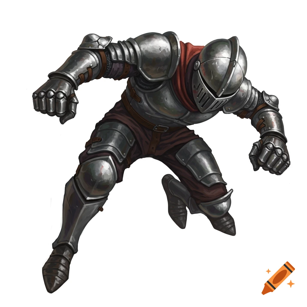 A knight in full plate armor in a dynamic pose on a white background.