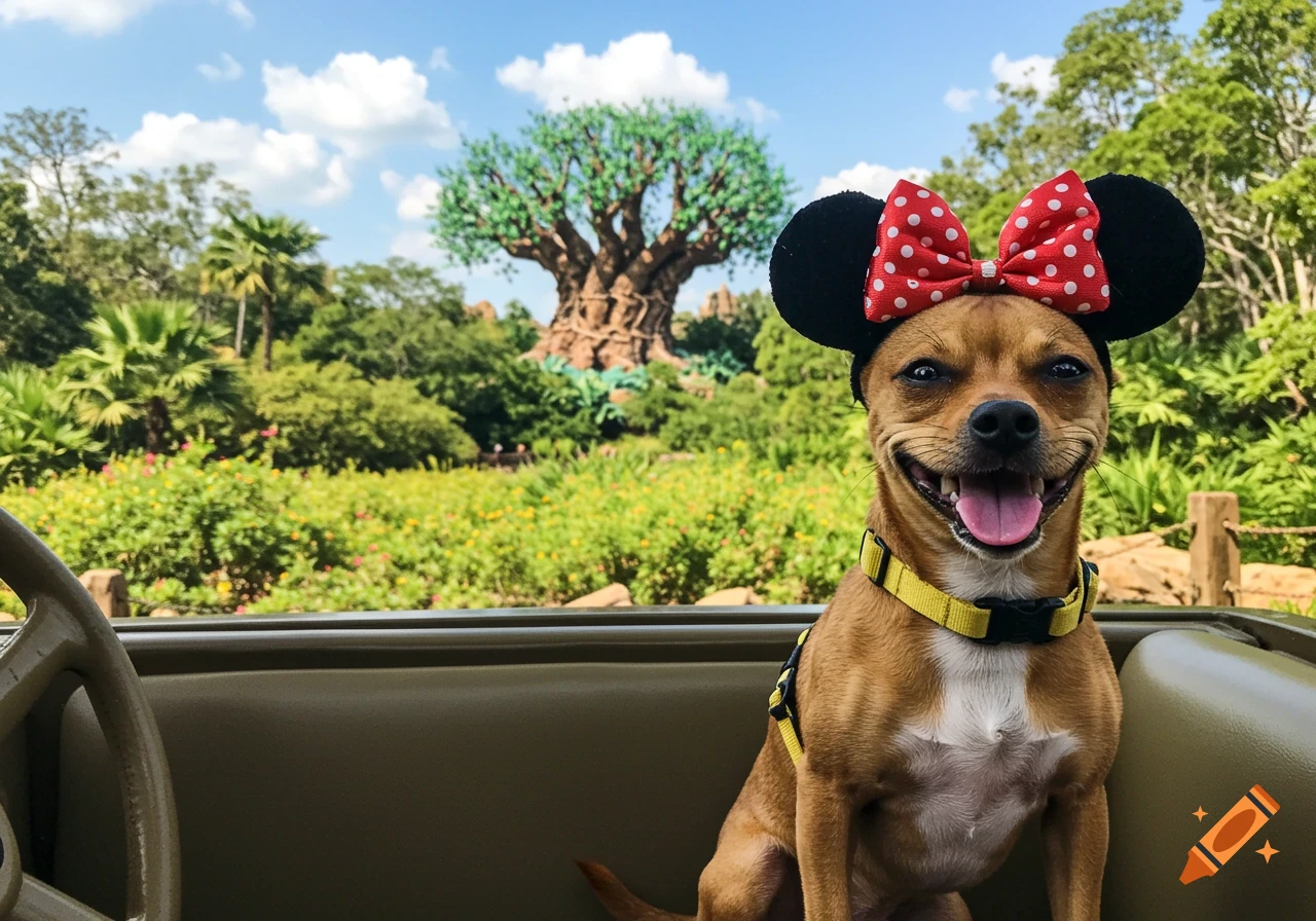 A happy dog wearing Minnie Mouse ears sits in a safari jeep with the Tree of Life in the background.