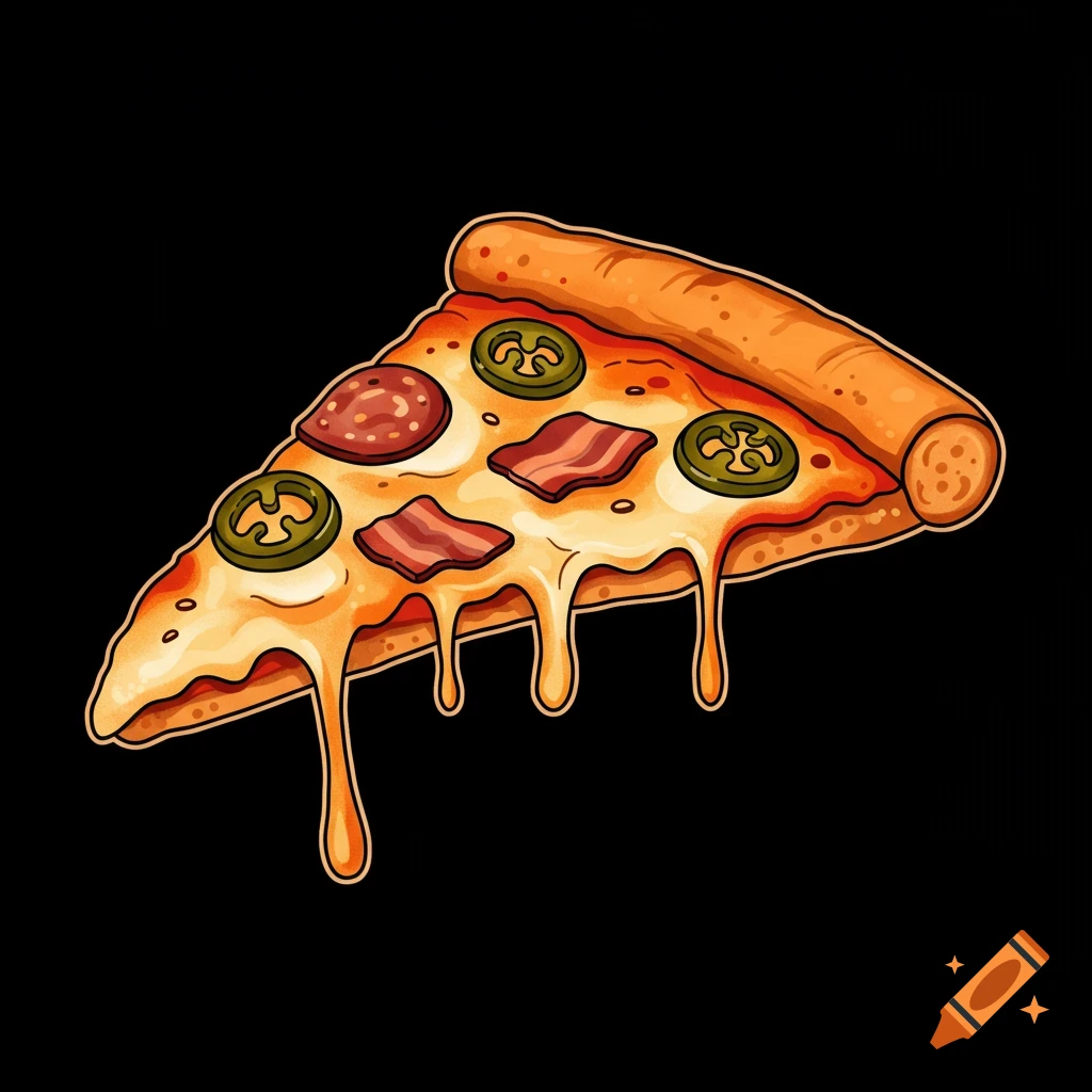 Stylized illustration of a pizza slice with melting cheese, pepperoni, bacon, and jalapeños.