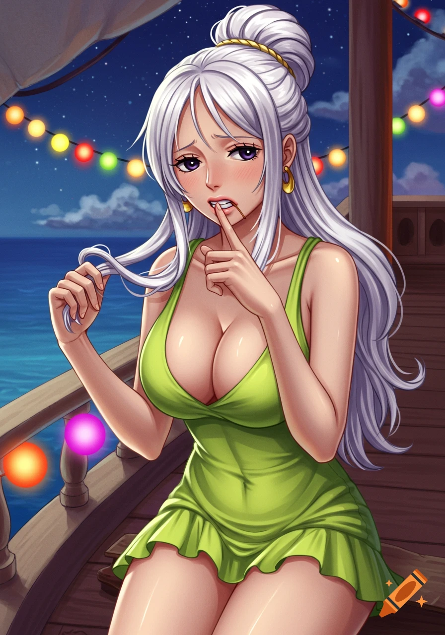 A shy anime woman with white hair in a lime green dress on a ship deck at night with string lights.