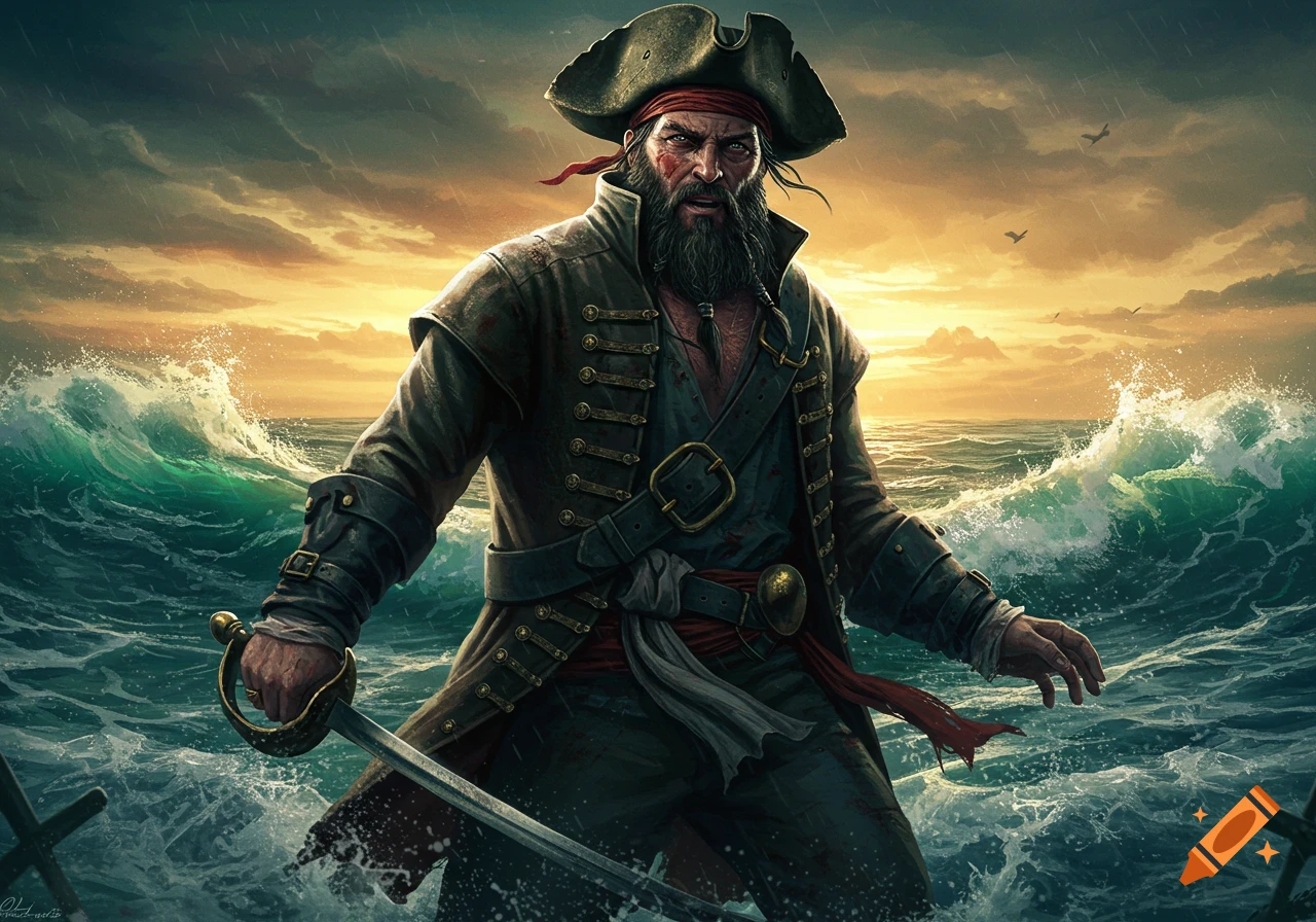 A fearsome pirate stands in a stormy sea, holding a sword, against a dramatic sunset sky.