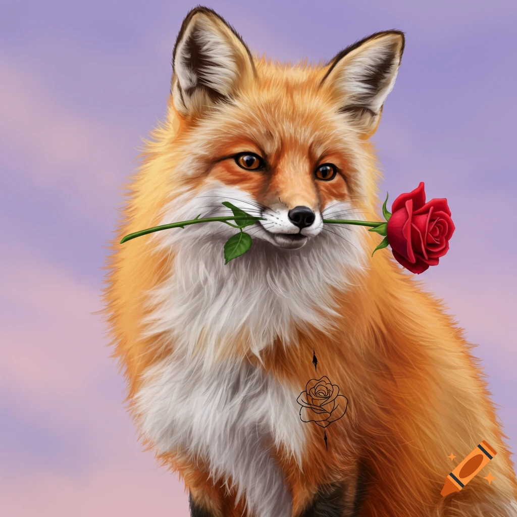 An illustration of a fox holding a red rose in its mouth, with a small tattoo of a rose on its chest.