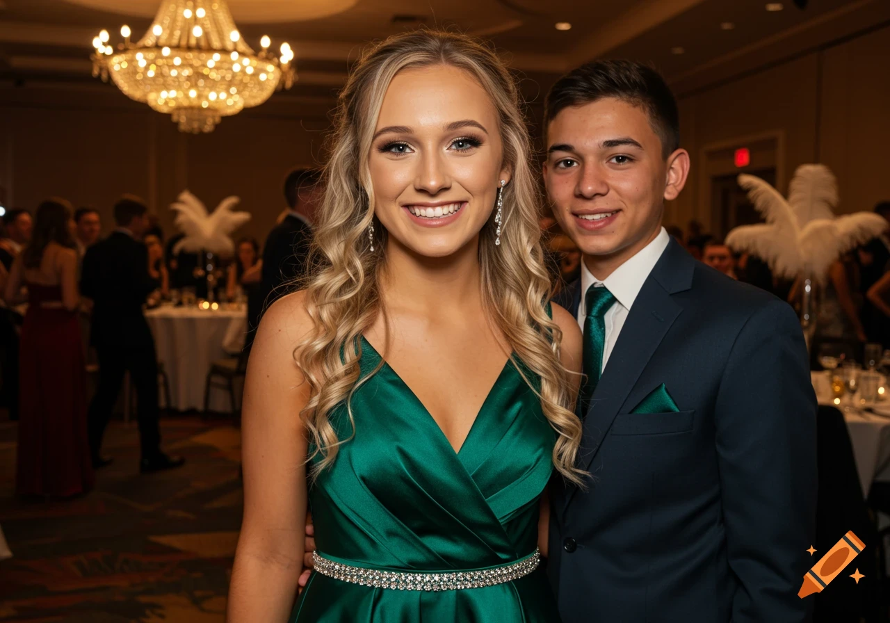 Young couple in formal attire pose for a photo at a banquet.