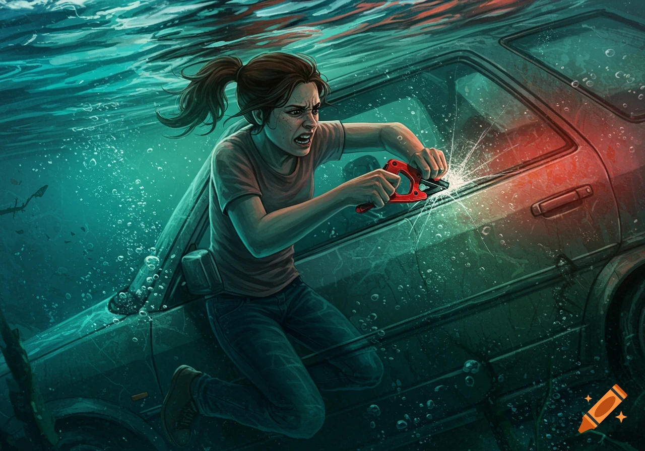 Person uses emergency tool to break car window underwater, illustration