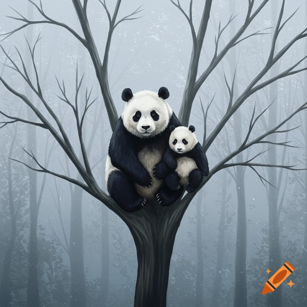 An adult and baby panda sit on a bare tree branch in a misty forest illustration.