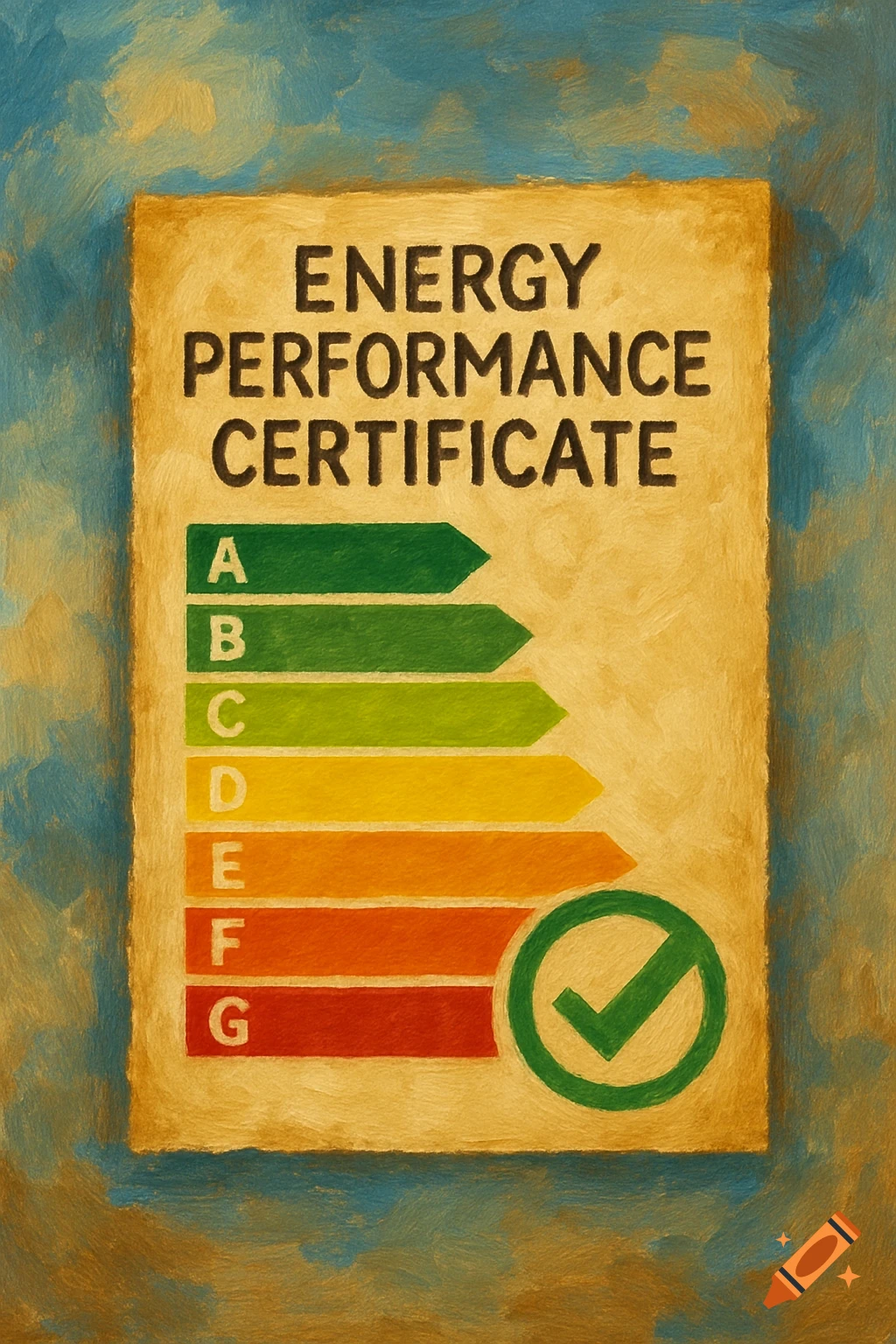 An energy performance certificate with an A-G rating scale and checkmark in a painting style.