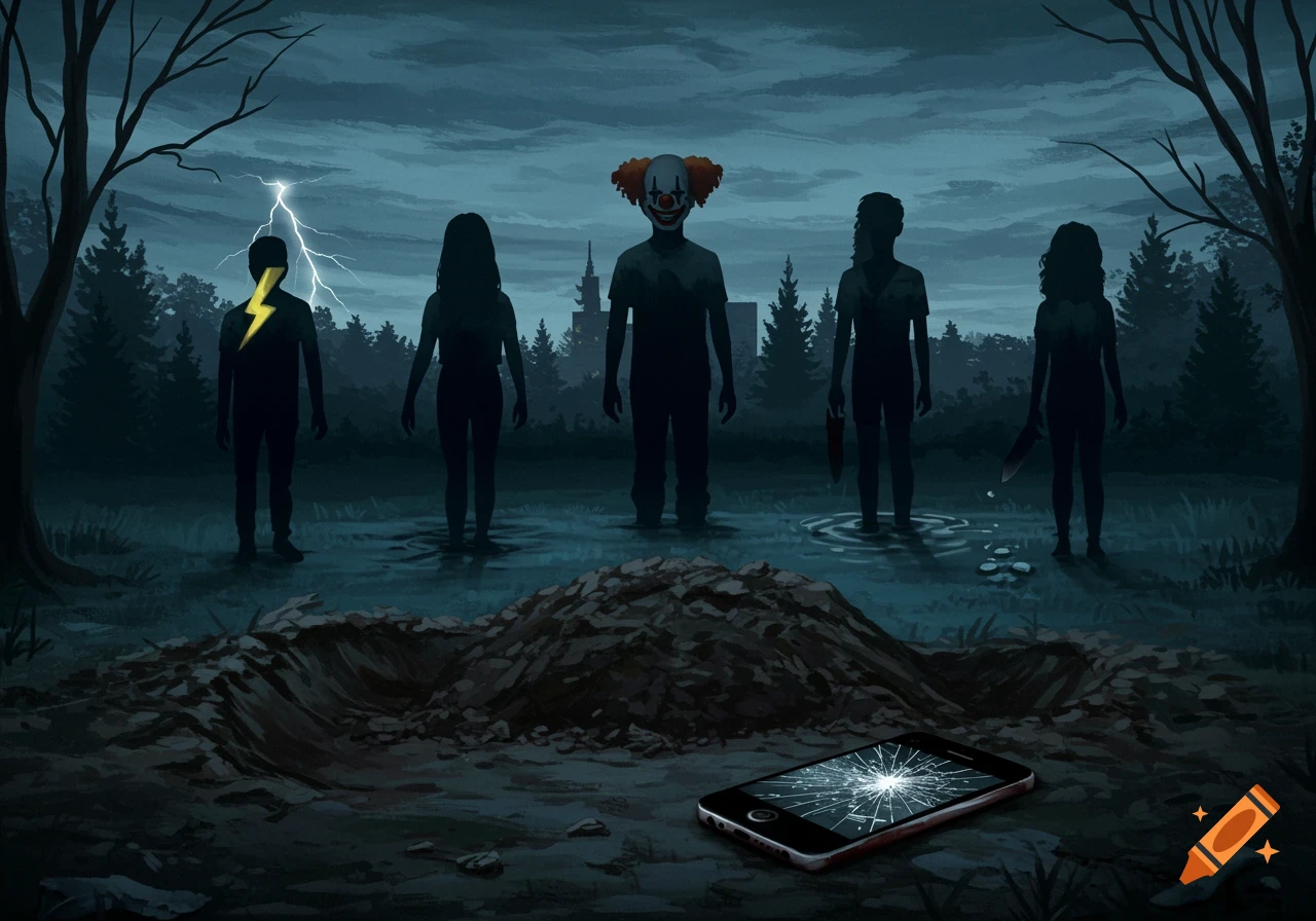 Shadowy figures, including a clown, stand in water near a grave and broken phone under a stormy sky with lightning, in a dark art style.