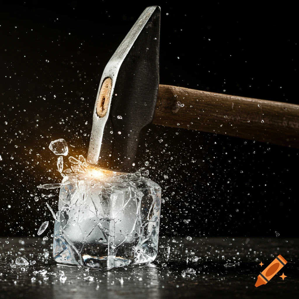 A hammer strikes an ice cube, causing it to shatter into pieces with water splashing.