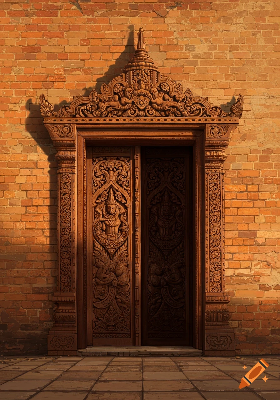 Highly ornate carved wooden door in a brick wall with dramatic lighting.