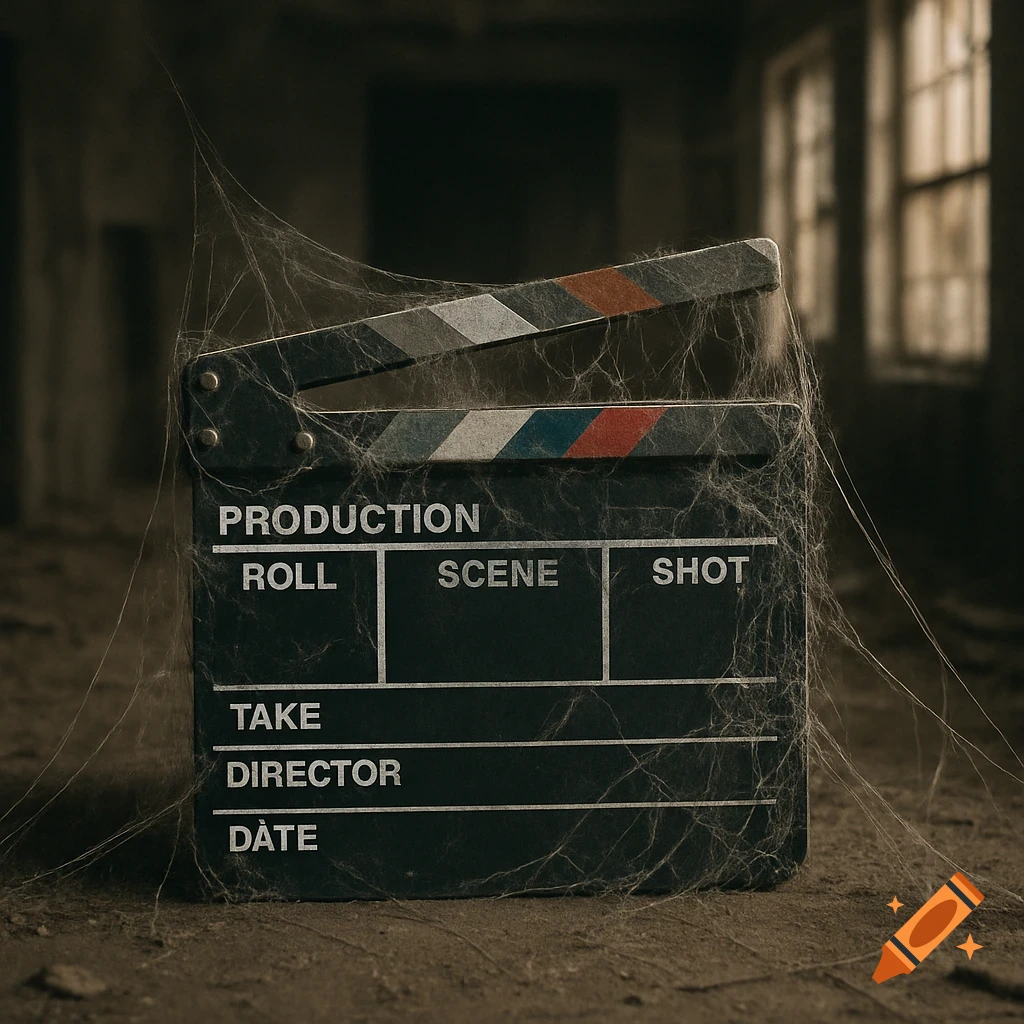 A dust-covered clapperboard sits on the floor in an abandoned room with cobwebs and a window.