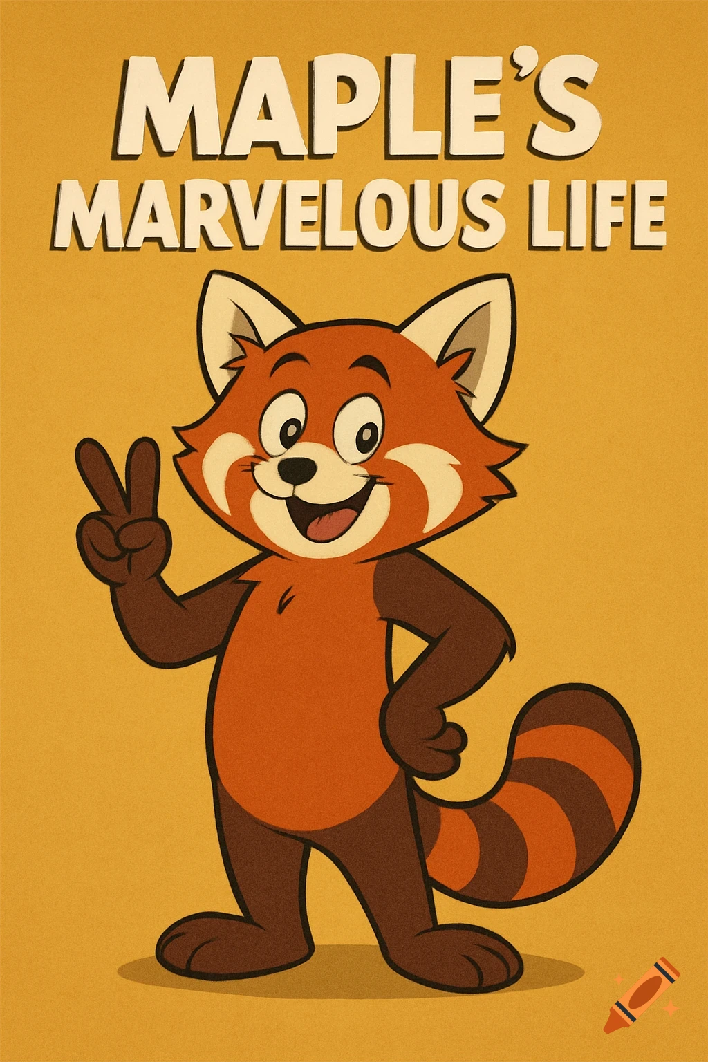 Cartoon red panda stands giving a peace sign, text reads "MAPLE'S MARVELOUS LIFE" above it. Retro poster style.
