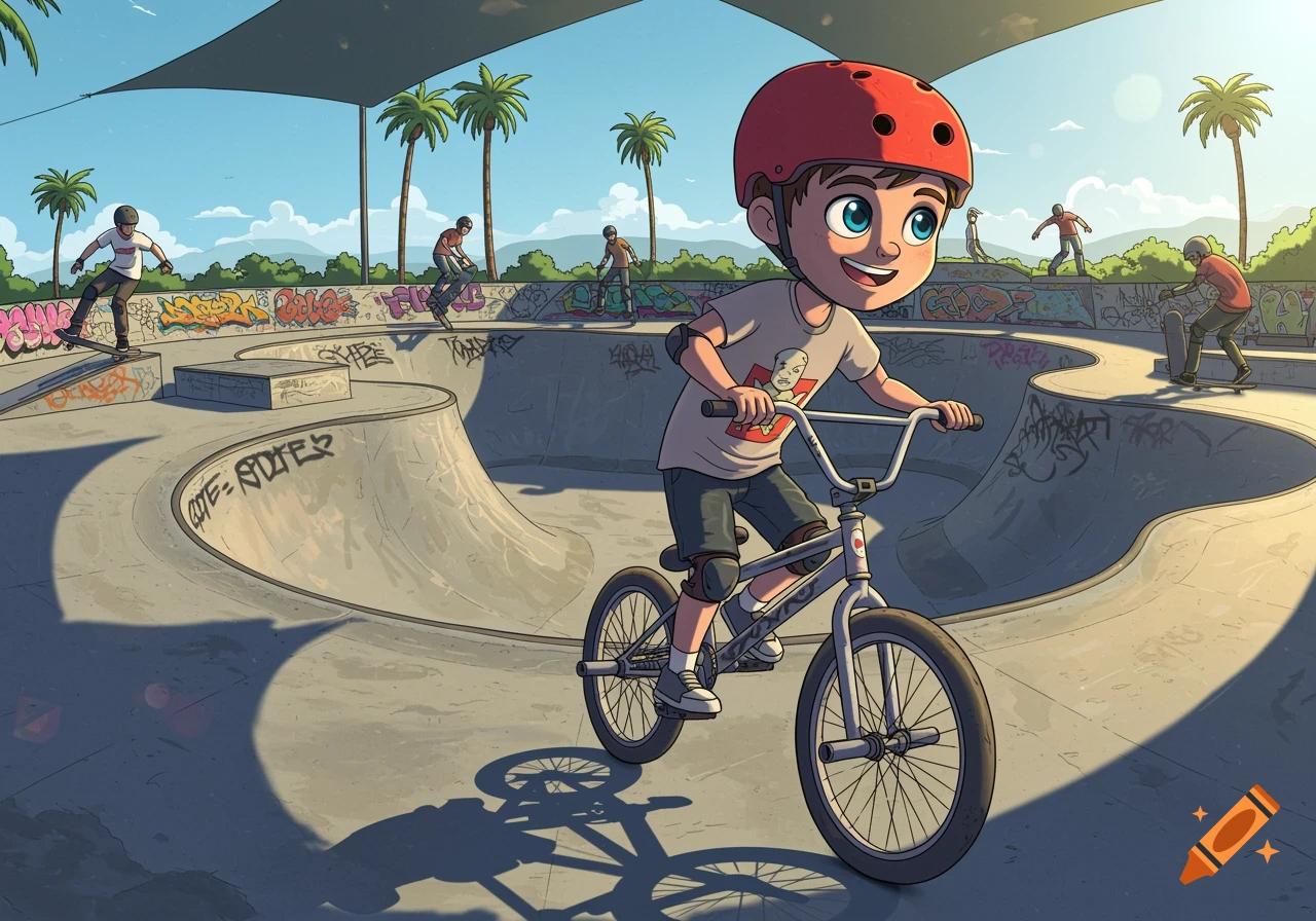 A cartoon boy on a BMX bike smiles while riding in a busy skate park with other kids skateboarding and graffiti on the walls.