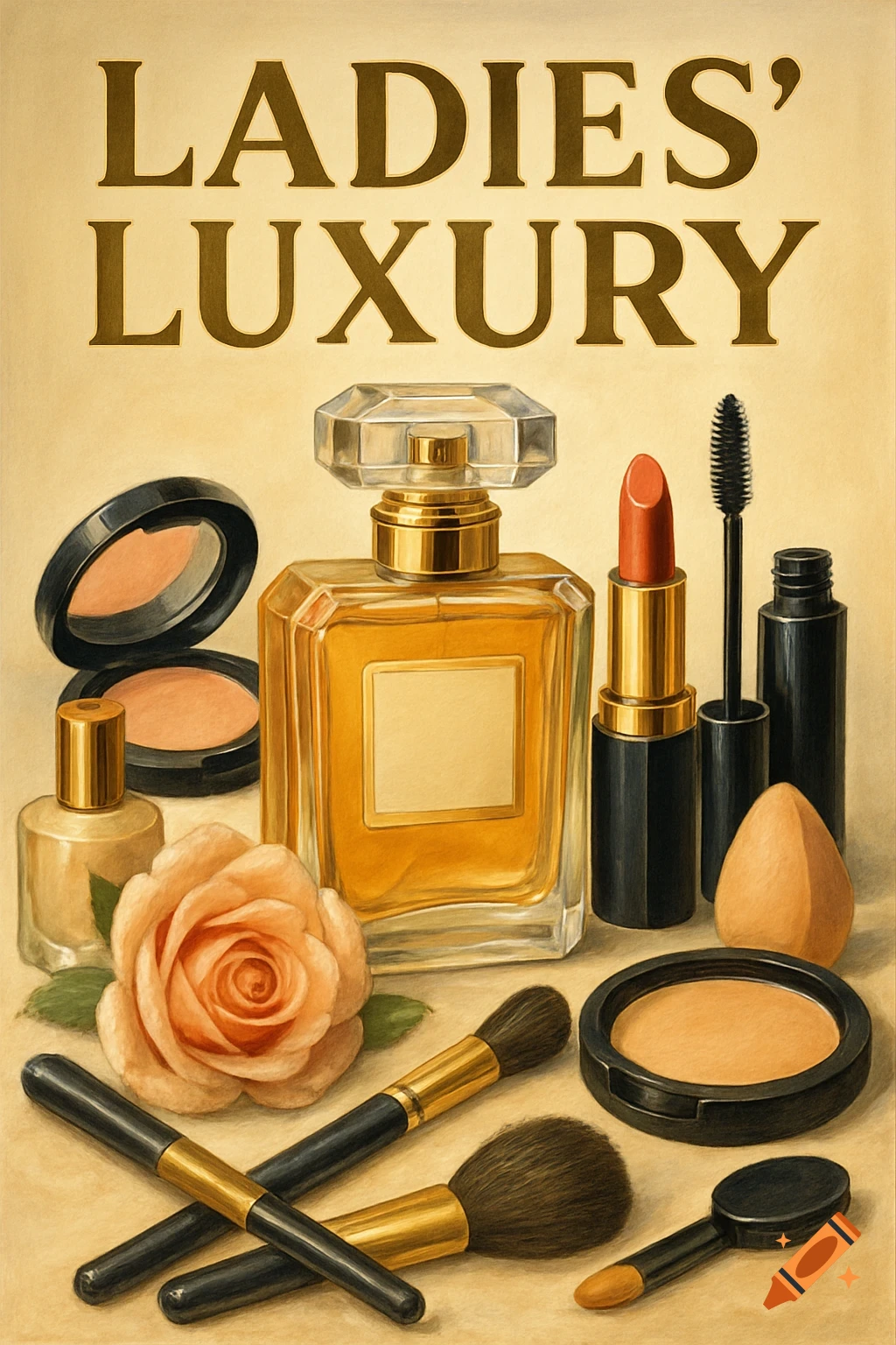 Painted illustration of perfume, lipstick, mascara, brushes, and powder under 'LADIES LUXURY' text.