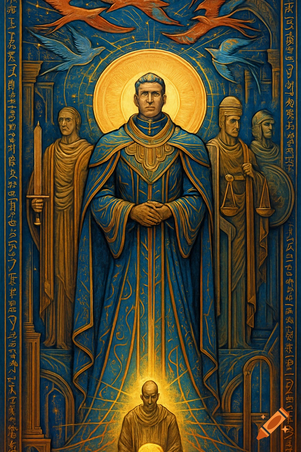 Regal figure in futuristic blue and gold robes with halo, flanked by others, in intricate sci-fi fantasy mural with fictional script borders.