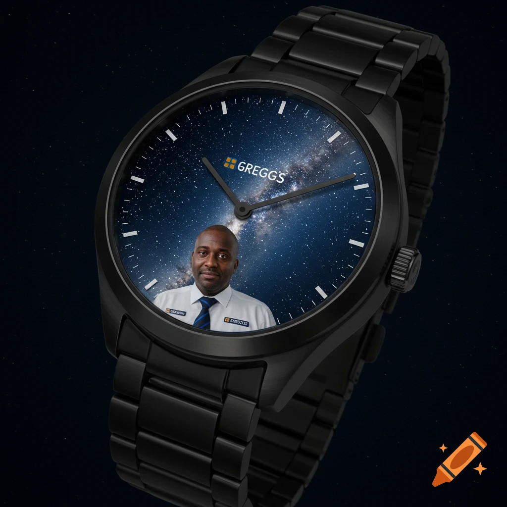 Black wrist watch with a face showing the Milky Way and a portrait of a man in a Greggs uniform, photorealistic.