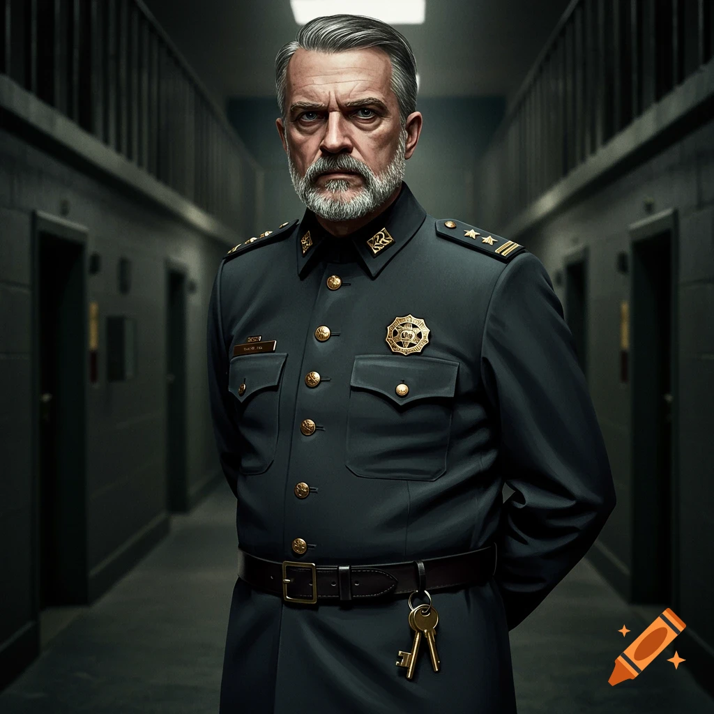 Photorealistic portrait of a stern prison warden in uniform standing in a corridor.