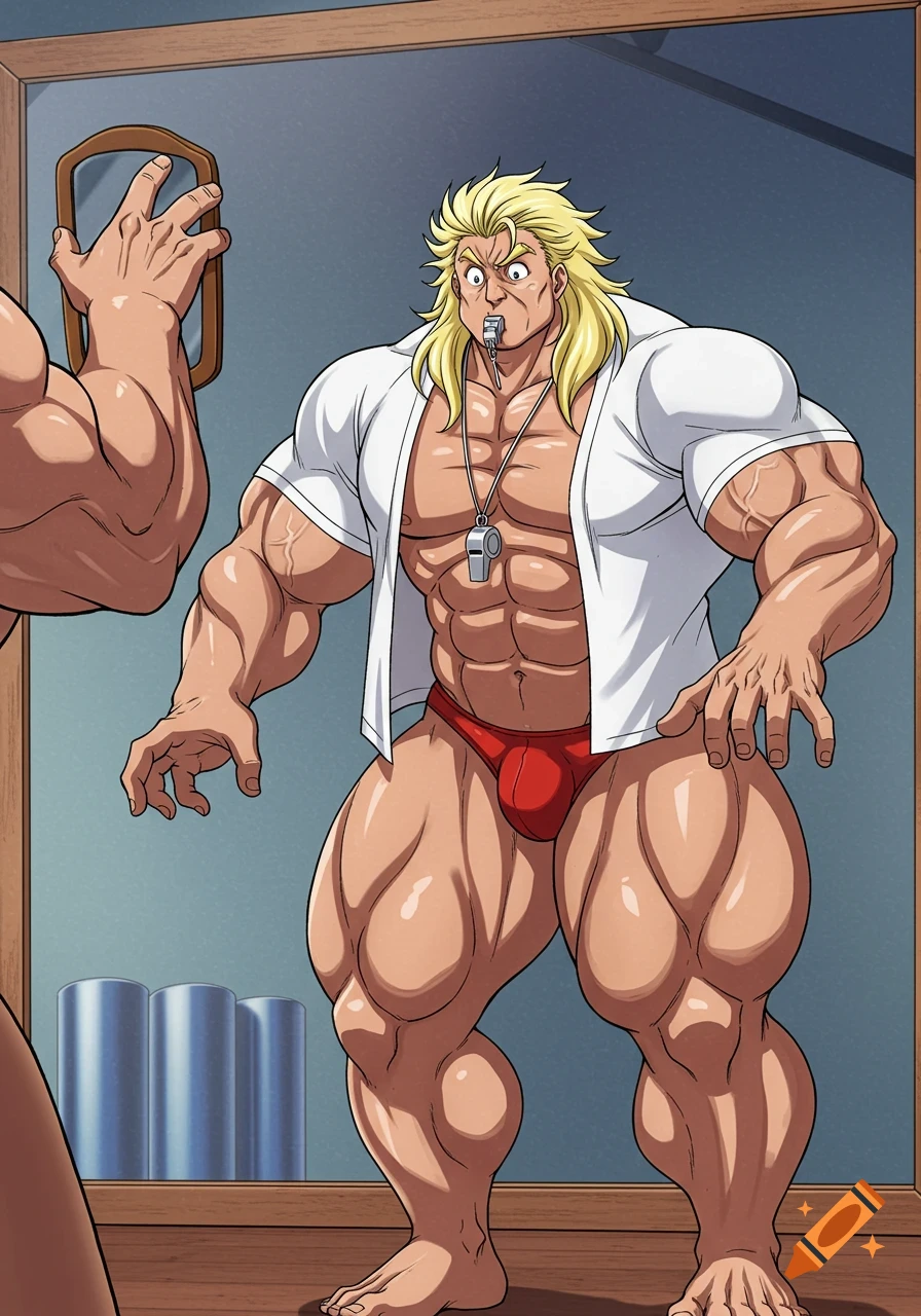 Anime drawing of a very muscular bodybuilder in a red speedo and open white shirt looking shocked in a mirror.