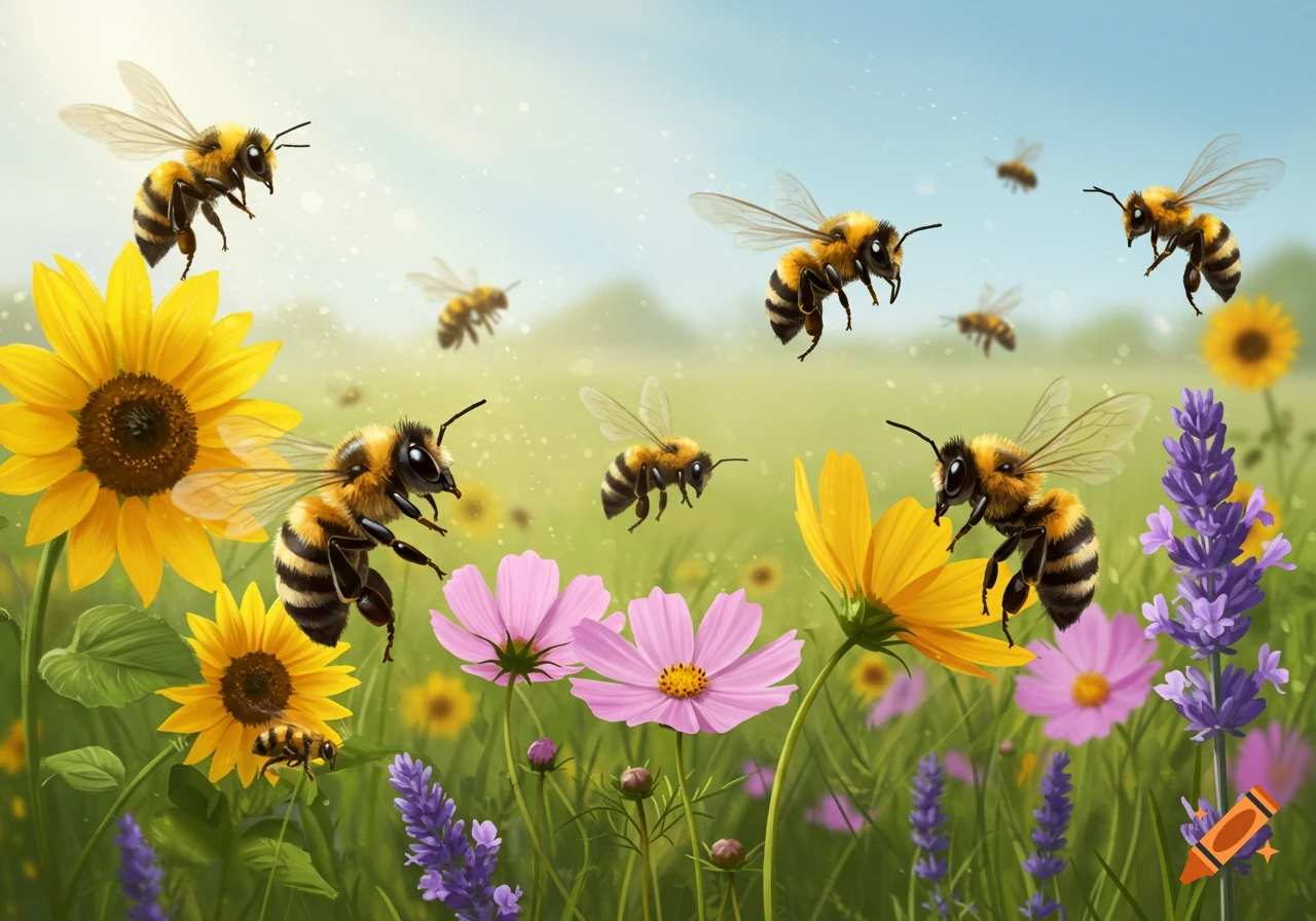 Bees fly among sunflowers, pink cosmos, and lavender in a sunny field.