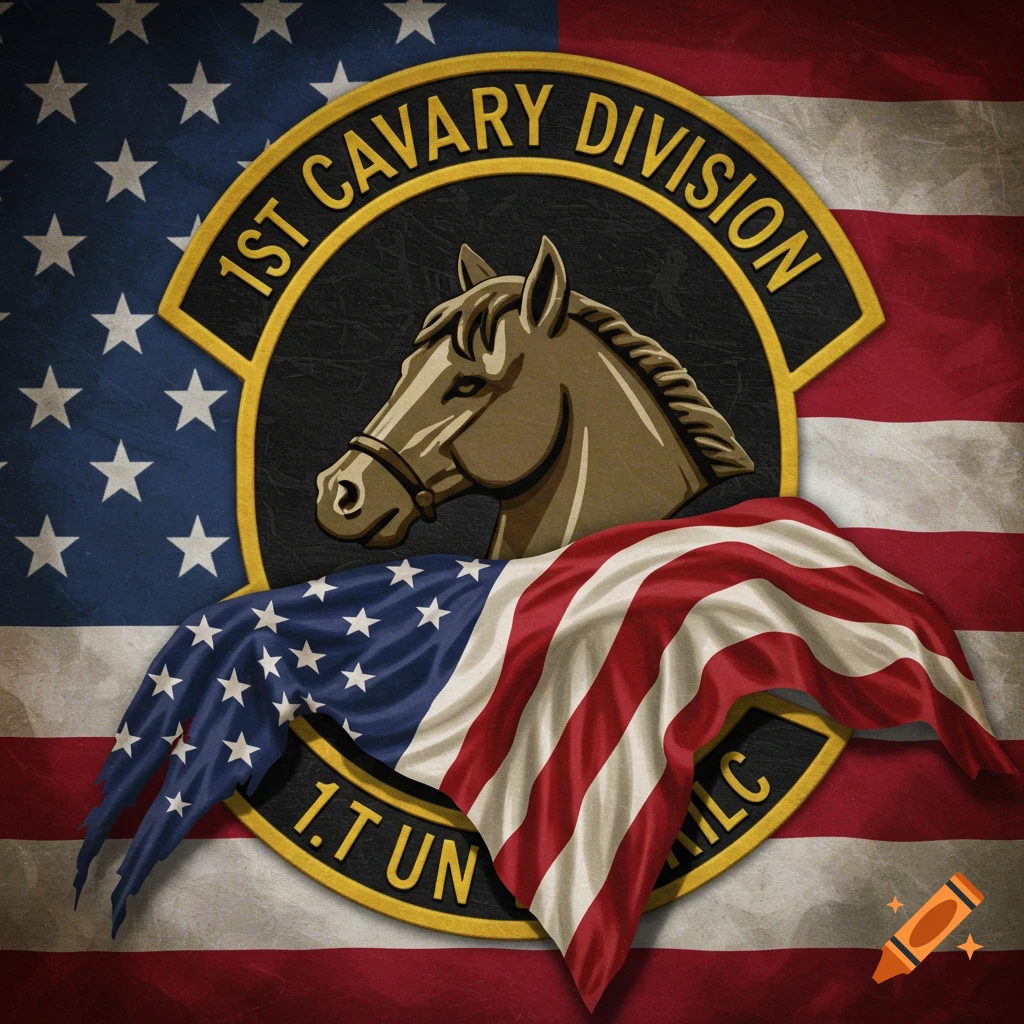 1st Cavalry Division patch with horse emblem over a draped American flag, grunge style