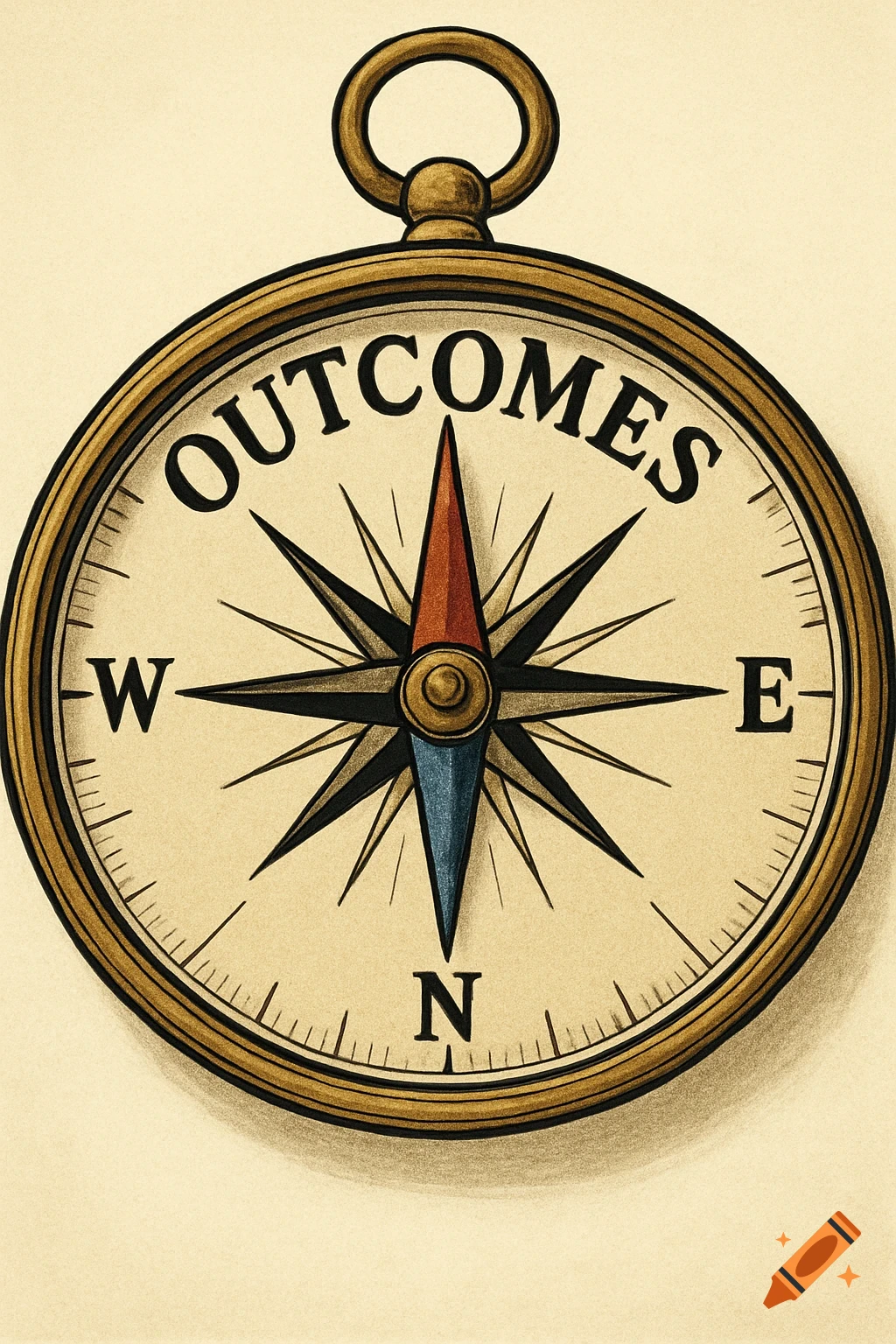 Drawing of a vintage compass with the word OUTCOMES written at the top