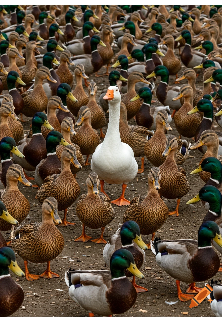 White goose standing among a large crowd of mallard ducks