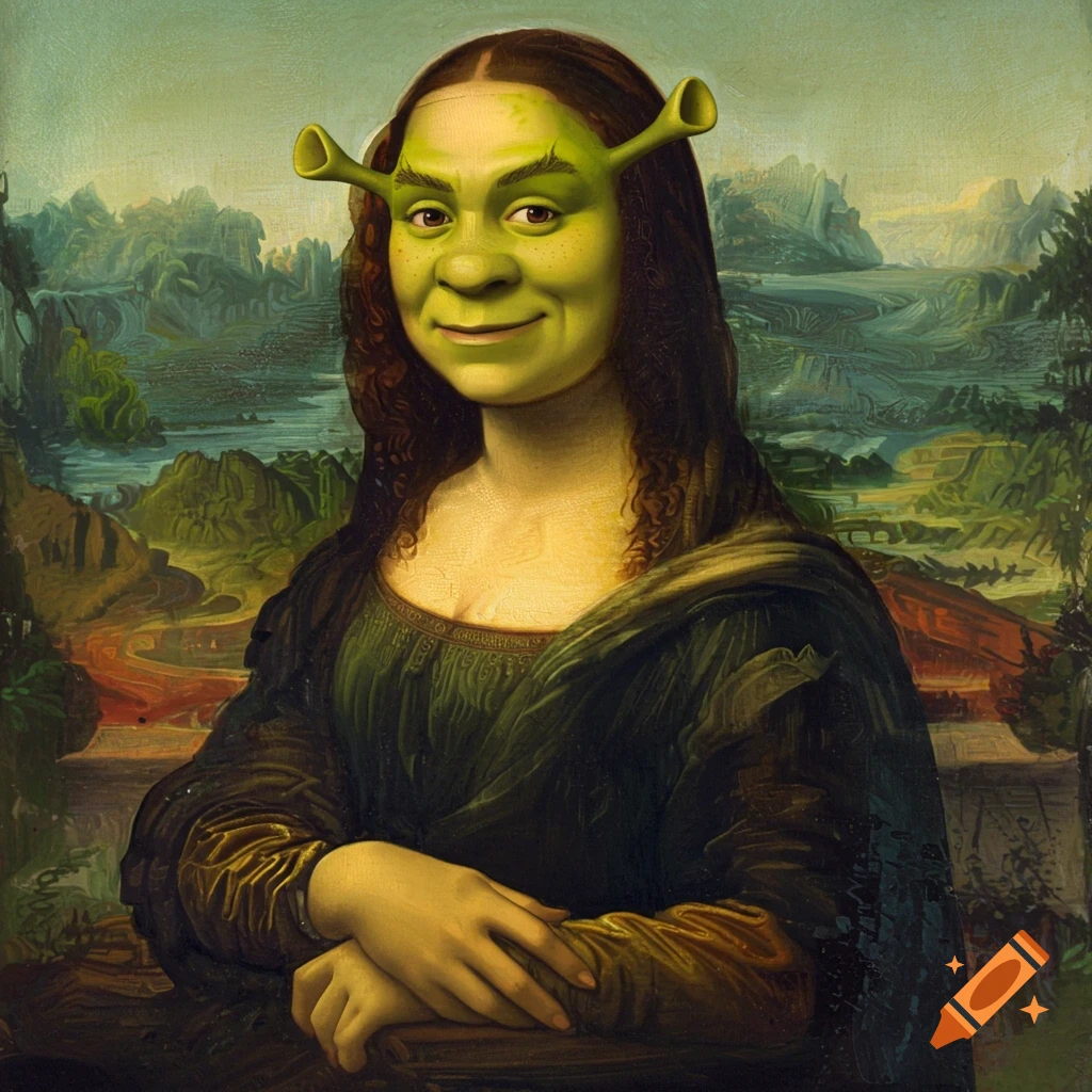 A painting of the Mona Lisa with green Shrek skin and ears.