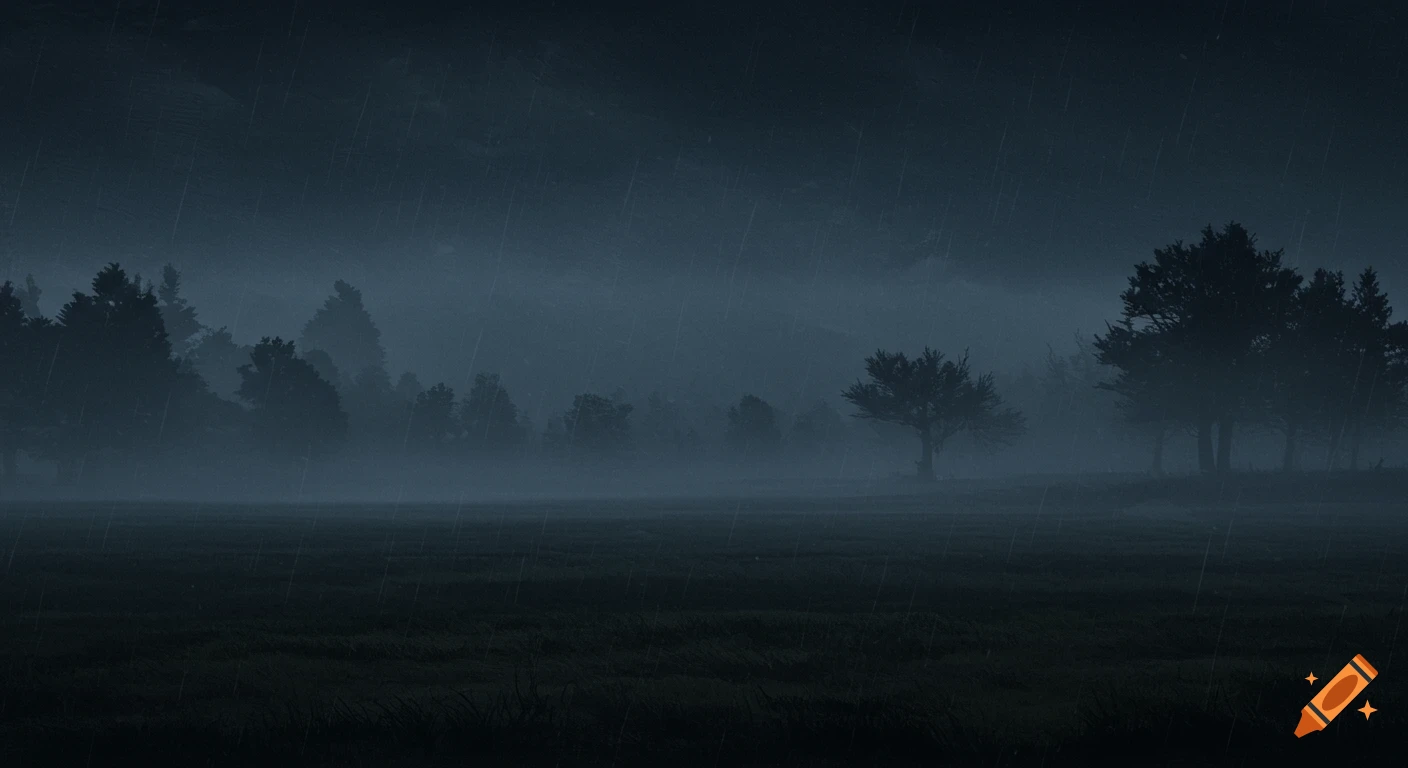 A dark, foggy field with silhouetted trees and falling rain under a cloudy sky.