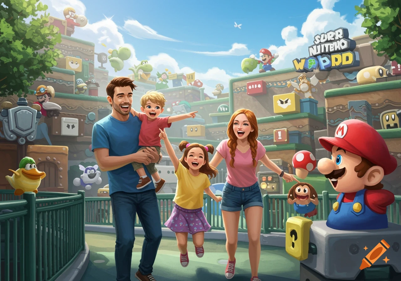 Family at a Super Mario themed theme park with characters and block structures.