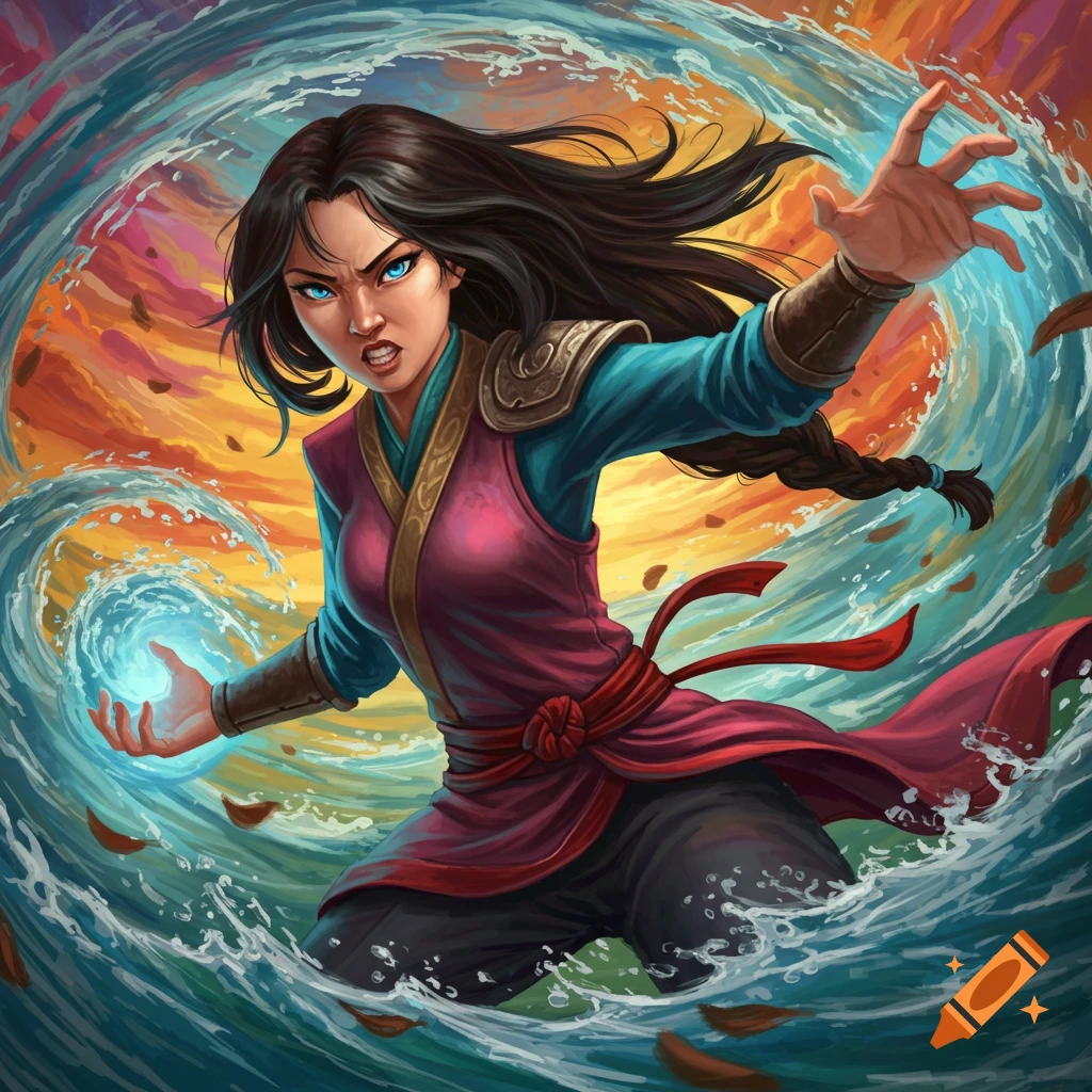 Fantasy illustration of a woman in martial arts attire bending water and wind.