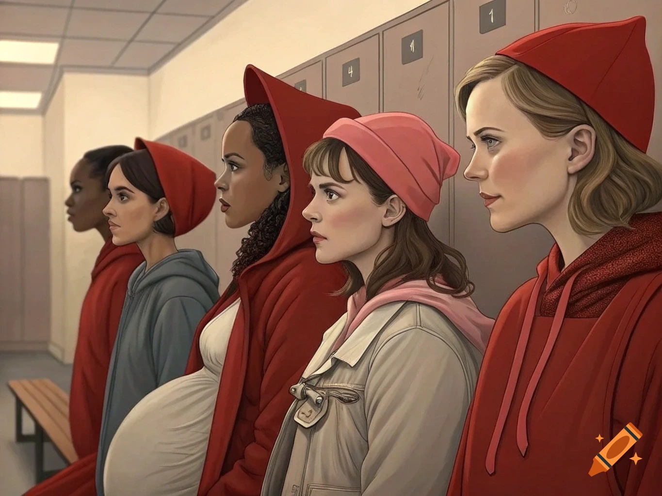 Women in red bonnets and cloaks stand in a locker room.