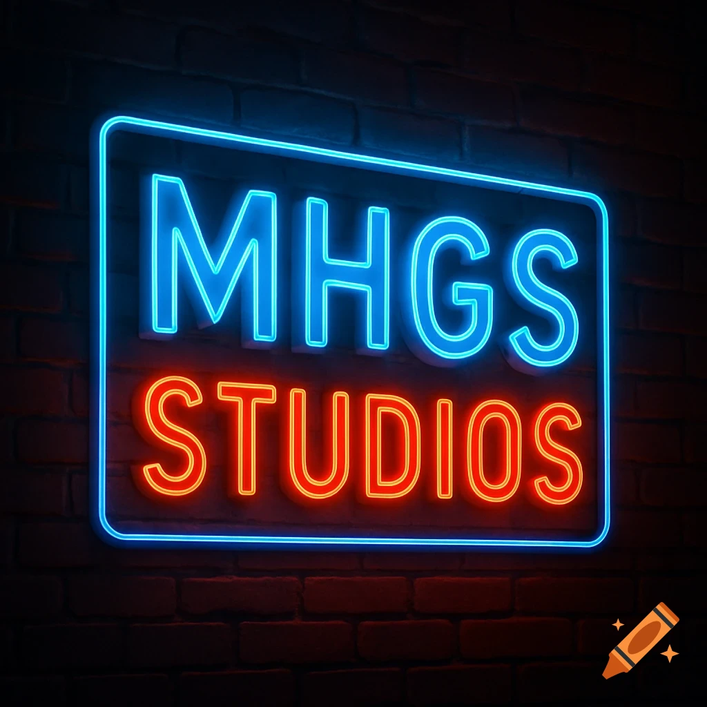 Neon sign displaying 'MHGS STUDIOS' on a brick wall.