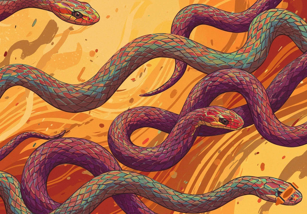 Colorful stylized snakes on an orange background.