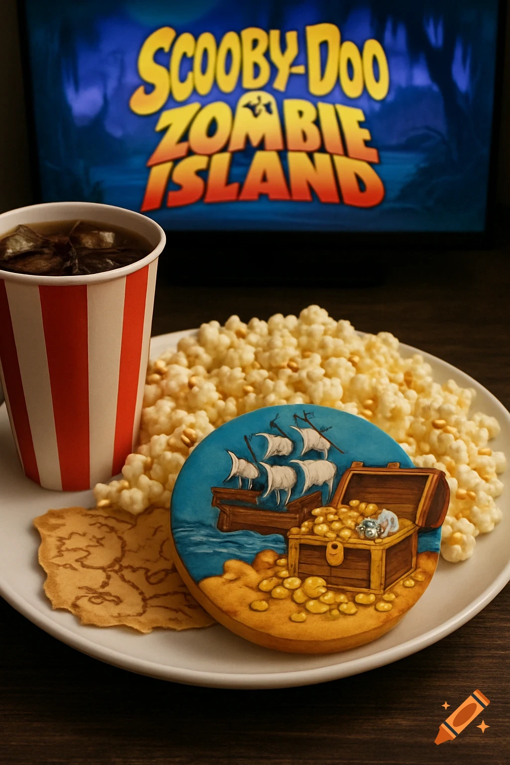 Popcorn, a drink, and pirate-themed cookies and map on a plate in front of a TV showing the Scooby-Doo Zombie Island title.
