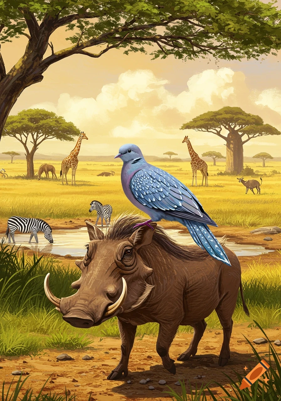 An illustration of a dove riding a warthog through a savanna with giraffes and zebras.
