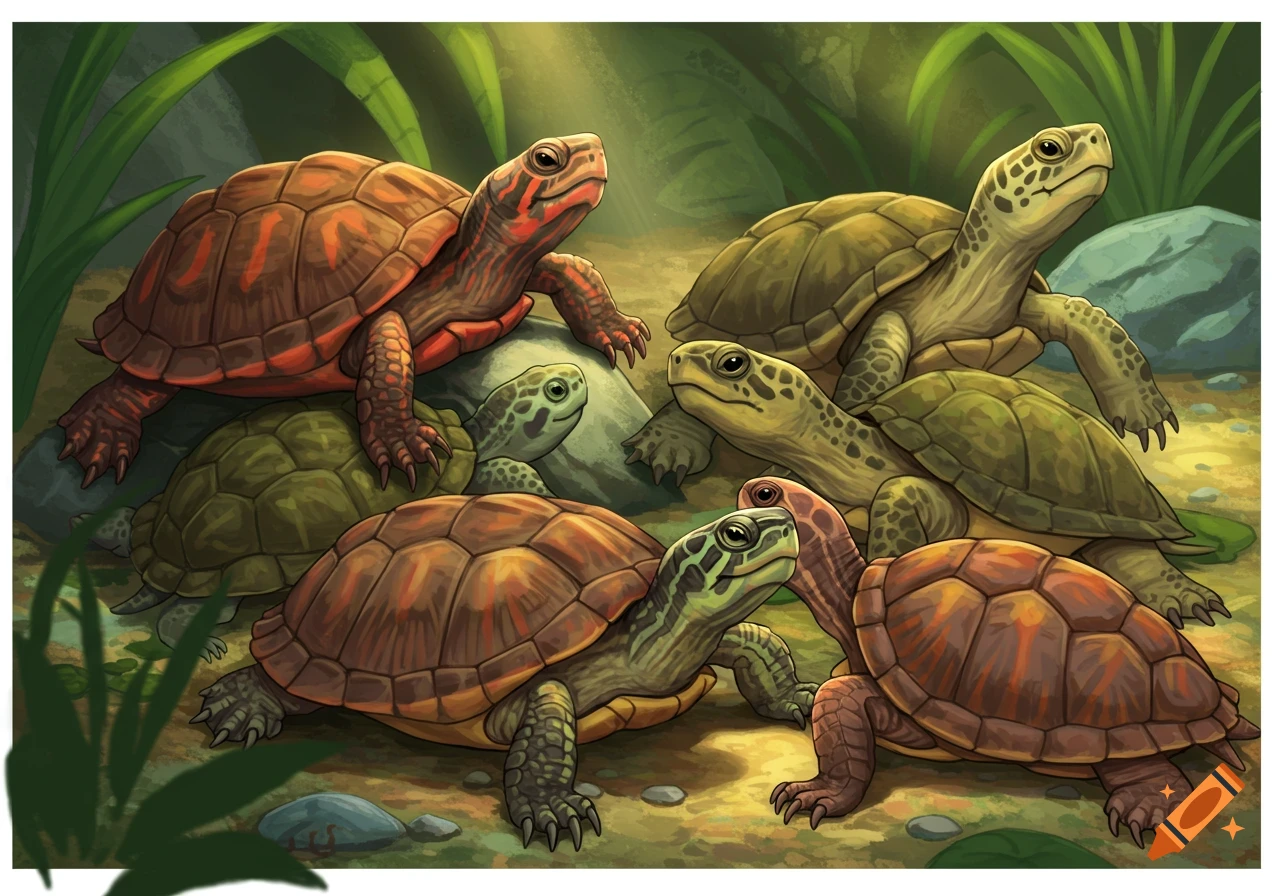 Several turtles clustered together in a natural, illustrated setting.