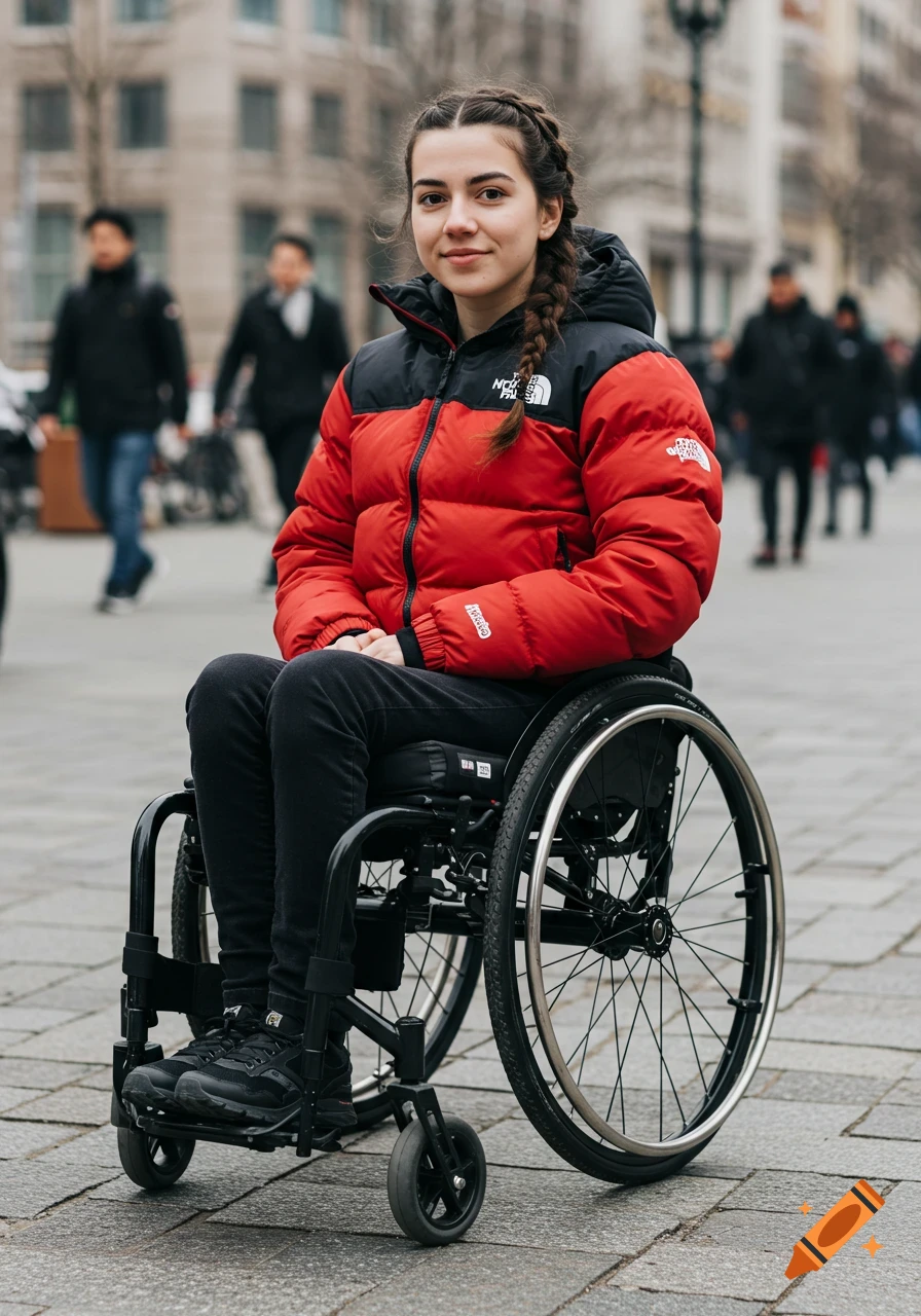 Young woman with braided hair sits in a wheelchair wearing a red and black puffer jacket on a city street.